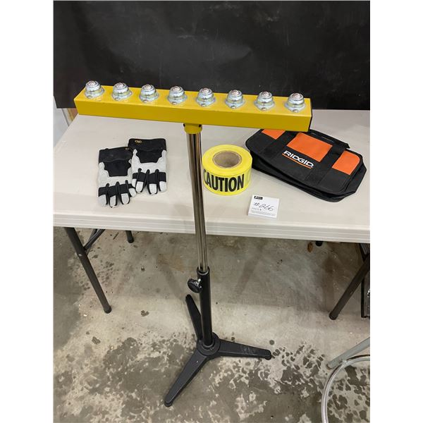 Ball Bearing Tri-pod Stand - Work Gloves - Rigid Tool Bag - Roll of Caution Tape