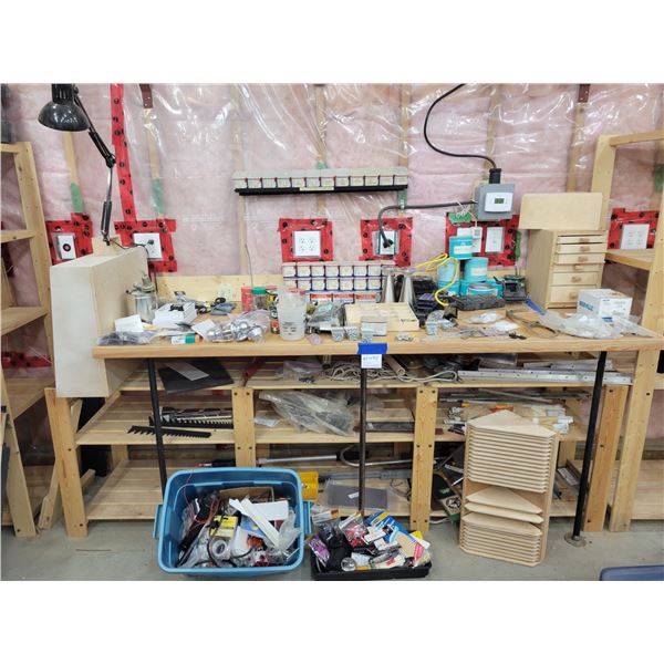 Assorted Carpentry Materials With shelving Table (Must be removed from the wall)