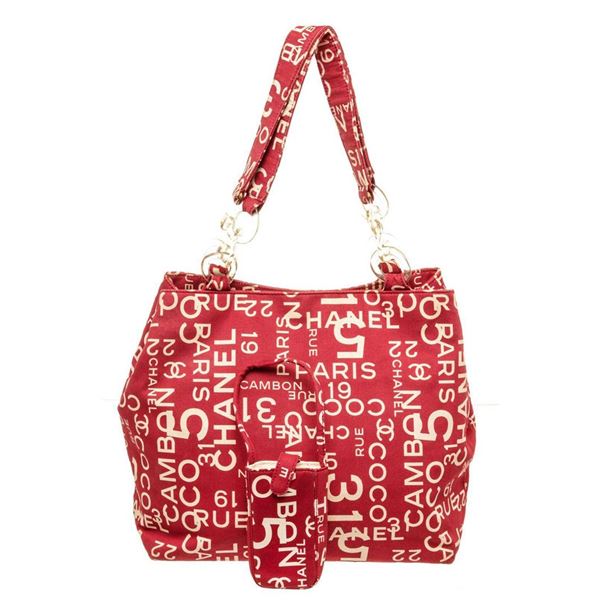 Chanel Red Canvas Logo Tote Bag