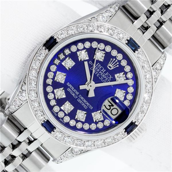 Rolex Ladies Stainless Steel Diamond Lugs Royal Blue String VVS Diamond Datejust