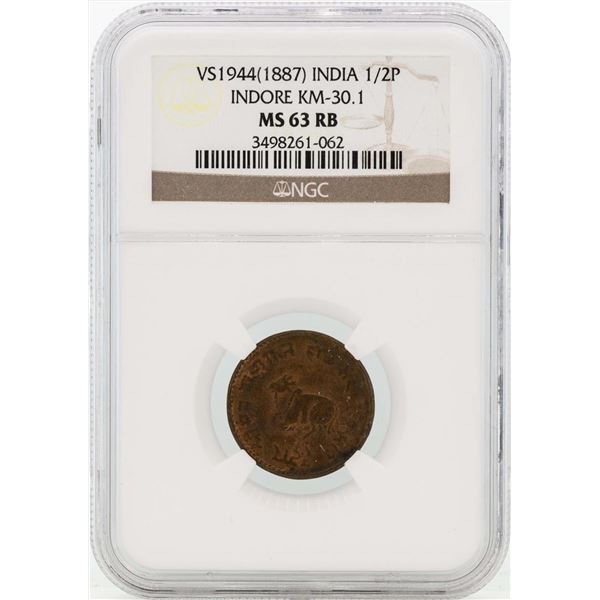 VS1944 1887 India 1/2 Annas Coin NGC MS63RB