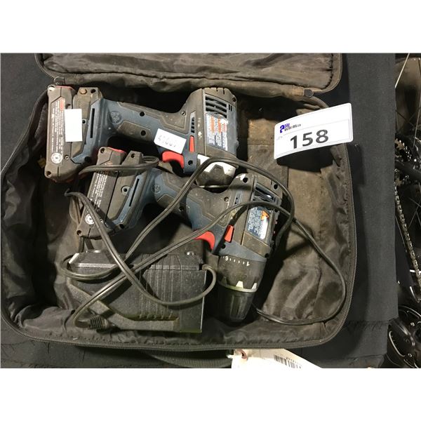 BOSCH DRILL SET INCLUDING CORDLESS DRILL, CORDLESS 1/4" IMPACT DRIVER, 2 BATTERIES, CHARGER AND