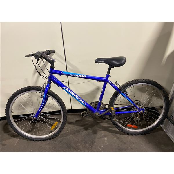 2 BIKES - SUPERCYCLE SC1800, BLUE, 18 SPEED MOUNTAIN BIKE AND PEUGEOT DUNE, BLACK, 21 SPEED, FRONT