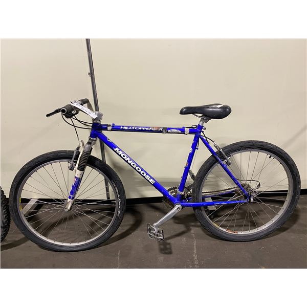 2 BIKES - MONGOOSE HILLTOPPER, BLUE, 21 SPEED, FRONT SUSPENSION MOUNTAIN BIKE AND DYNO V010,