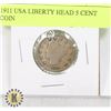 Image 1 : 1911 USA LIBERTY HEAD 5 CENT COIN
