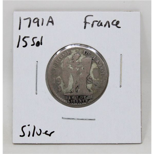 1791 A SILVER FRANCE 15 SOL COIN