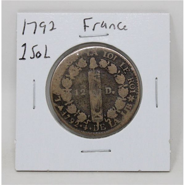 1792 FRANCE LARGE 2 SOL COIN, VG