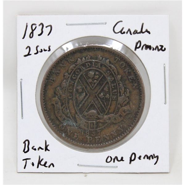 1837 PROVINCE OF CANADA LARGE ONE PENNY TOKEN