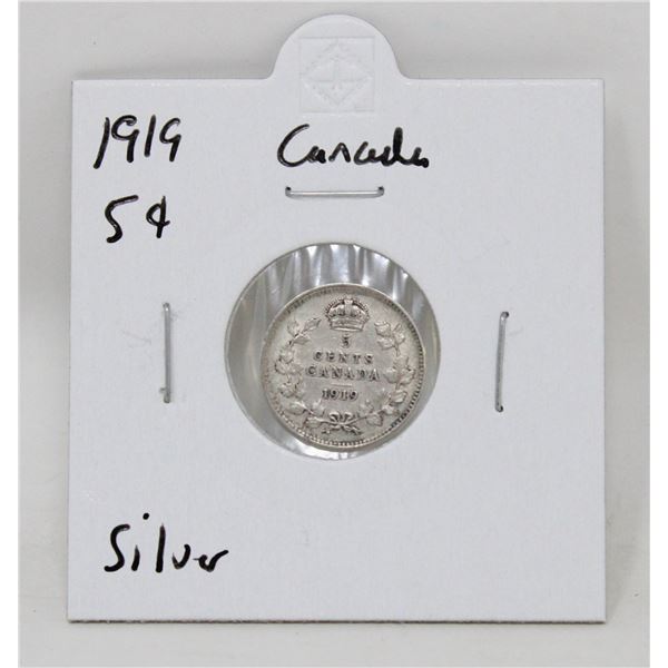 1919 SILVER CANADA 5 CENTS COIN, CIRCULATED