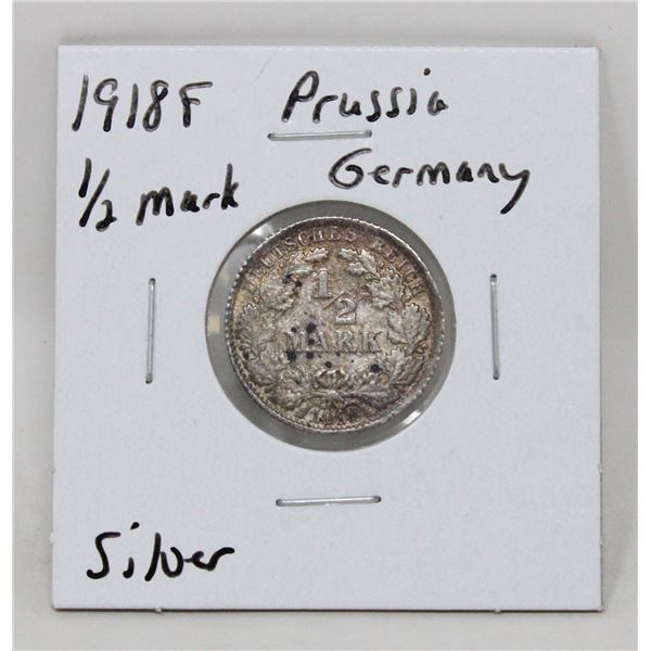 1918 F SILVER PRUSSIA 1/2 MARK COIN
