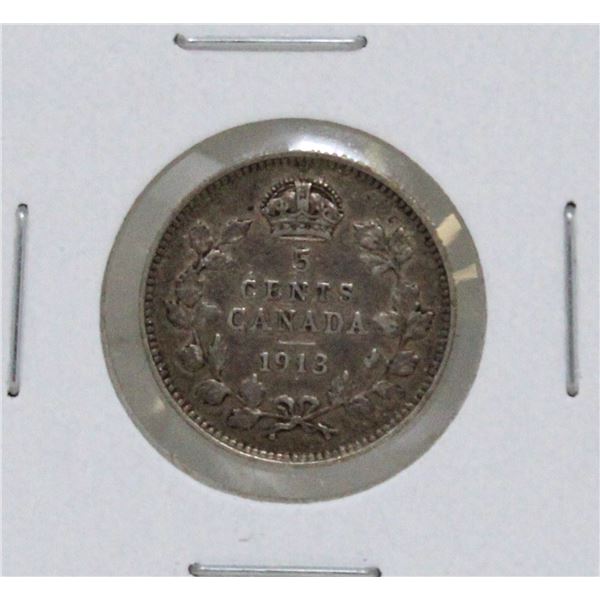1913 SILVER CANADA 5 CENTS COIN