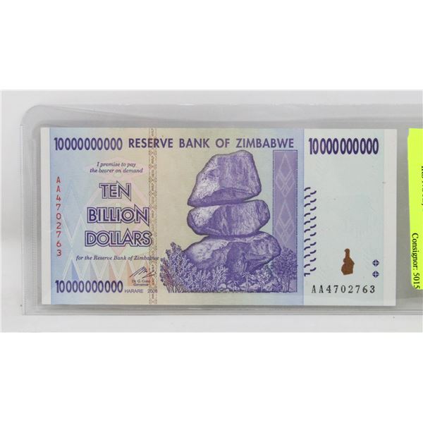 2008 ZIMBABWE TEN BILLION DOLLARS NOTE, UNC.