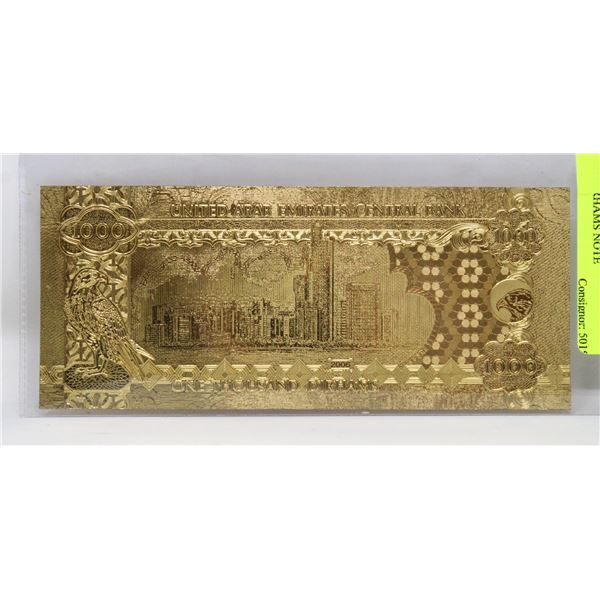 2006 24 KARAT GOLD UAE GENUINE 1000 DIRHAMS NOTE