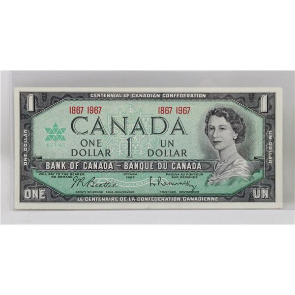 1867-1967 CANTENNIAL CANADA $1 BANK NOTE, AU