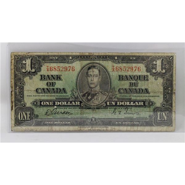 1937 BANK OF CANADA $1 DOLLAR NOTE, CIRCULATED
