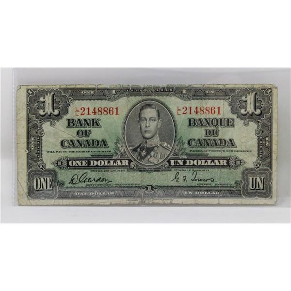 1937 BANK OF CANADA $1 DOLLAR NOTE, CIRCULATED