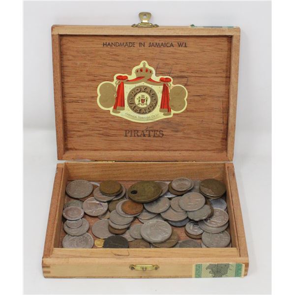 OLD WOOD CIGAR BOX WITH VARIOUS COINS