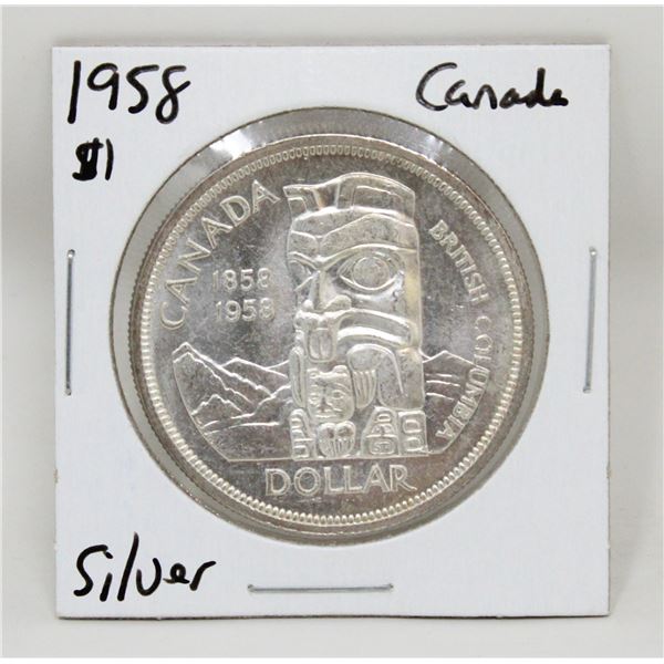 1958 SILVER CANADA BC TOTEM POLL $1 DOLLAR COIN