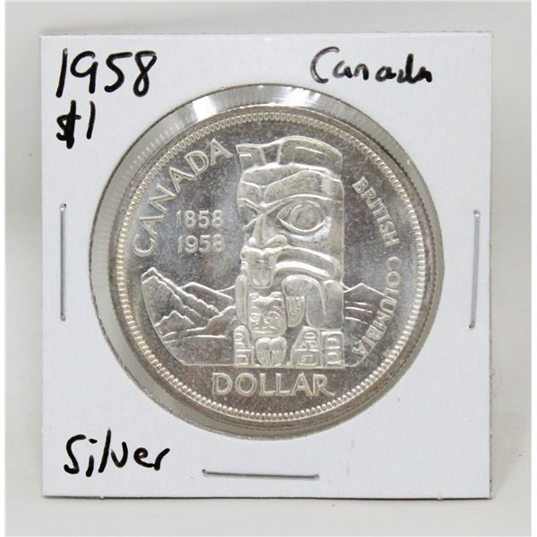 1958 SILVER CANADA BC TOTEM POLL $1 DOLLAR COIN
