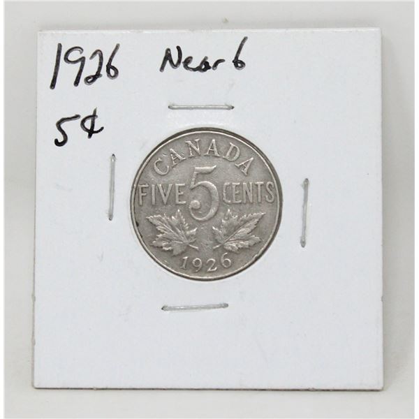1926 CANADA NEAR 6 VARIETY 5 CENTS COIN, FINE
