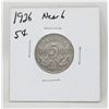 Image 1 : 1926 CANADA NEAR 6 VARIETY 5 CENTS COIN, FINE