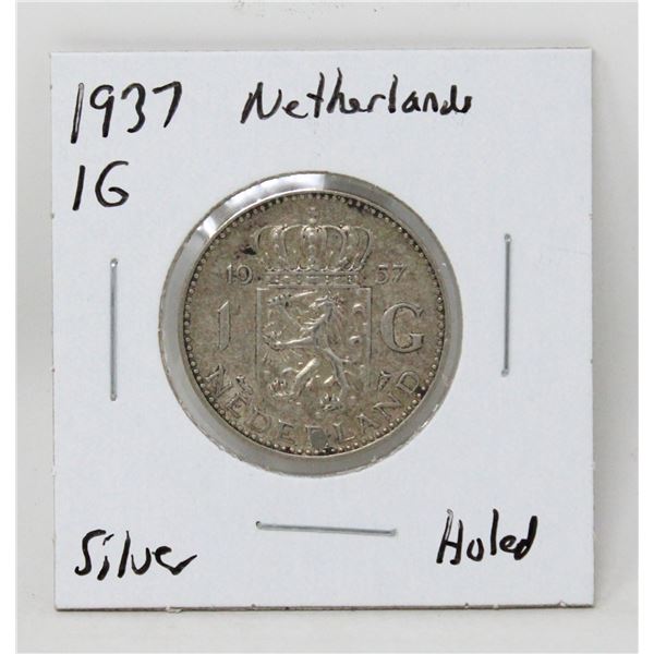 1937 SILVER NETHERLANDS 1 GULDEN COIN, HOLED
