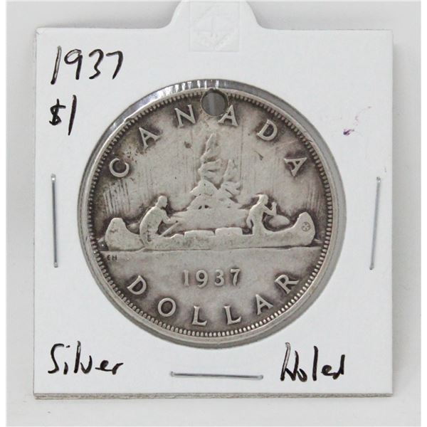 1937 SILVER CANADA $1 DOLLAR COIN, HOLED