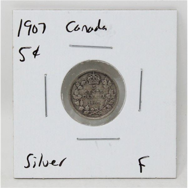 1907 SILVER CANADA 5 CENTS COIN, FINE CONDITION