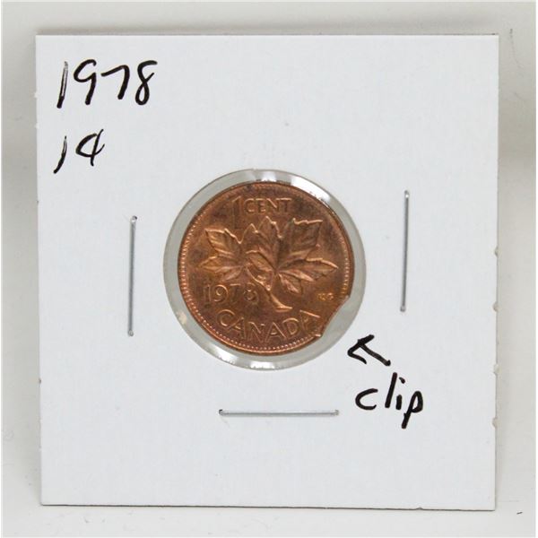 1978 CANADA CLIPPED RIM ERROR BU 1 CENT COIN