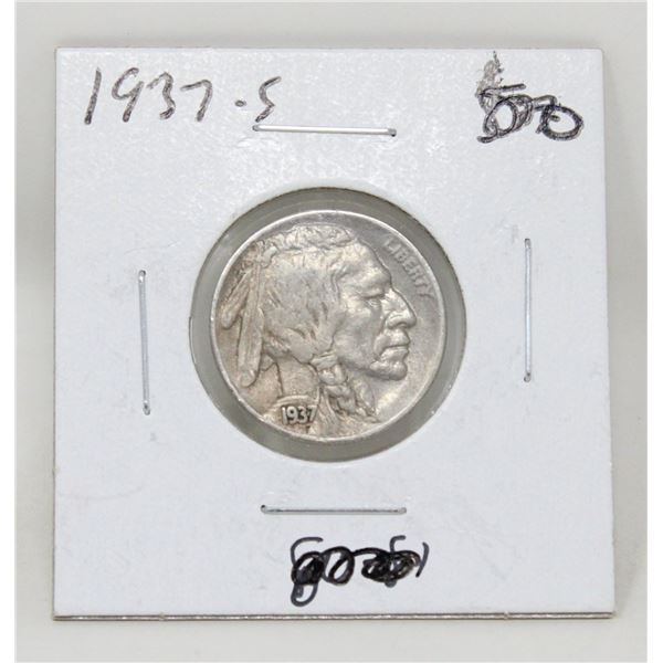 1937 S USA BUFFALO NICKEL COIN, CIRCULATED