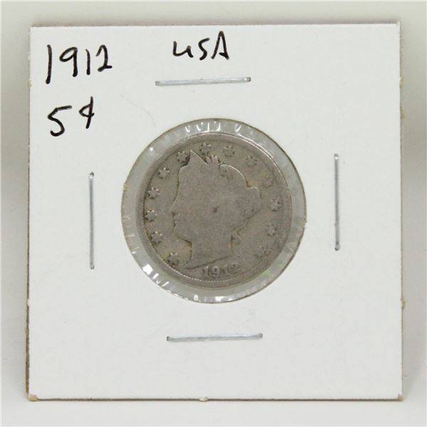 OLD 1912 USA "V" 5 CENTS COIN, CIRCULATED