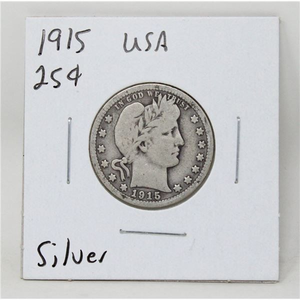 1915 SILVER USA BARBER 25 CENTS COIN