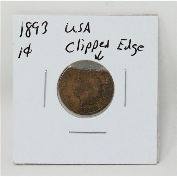 1893 CLIPPED RIM ERROR USA INDIAN HEAD 1 CENT