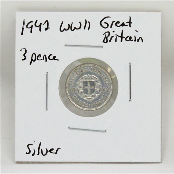 1942 SILVER WWII GREAT BRITAIN 3 PENCE COIN