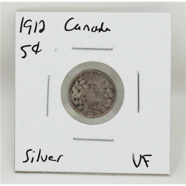 1912 SILVER CANADA 5 CENTS COIN, EXTRA FINE