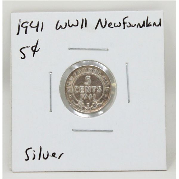 1941 SILVER WWII NEWFOUNDLAND 5 CENTS COIN