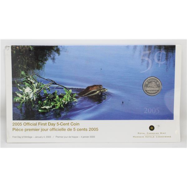 2005 CANADA OFFICIAL 1RST DAY ISSUE 5 CENTS COIN