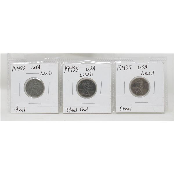 1943 GROUP OF 3 WWII USA STEEL 1 CENT COINS