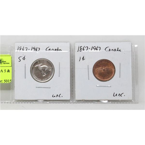 1867-1967 CANTENNIAL CANADA 5 & 1 CENT UNC COINS