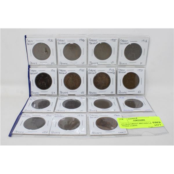 x15 OLD GREAT BRITAIN LARGE ONE PENNY COINS