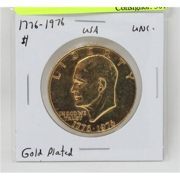 1776-1876 GOLD PLATED USA $1 DOLLAR COIN, UNC.