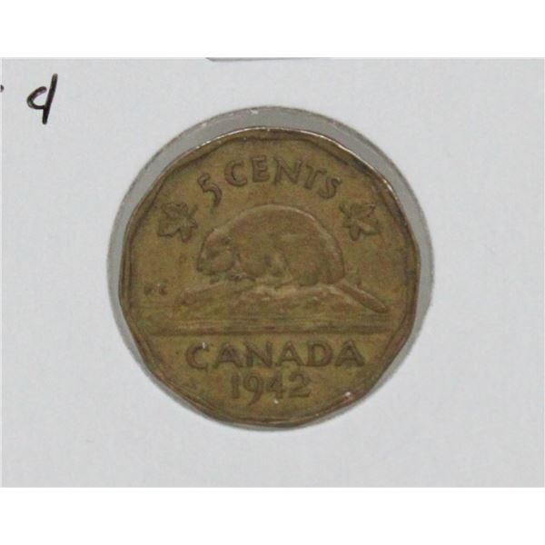 1942 CANADA WWII TOMBAC VICTORY 5 CENTS COIN