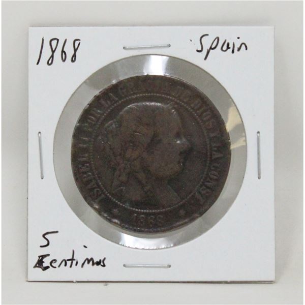 1868 SPAIN QUEEN ISABELLA 5 CENTIMES COIN
