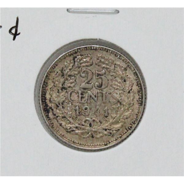 1921 SILVER WWII NETHERLANDS 25 CENTS COIN