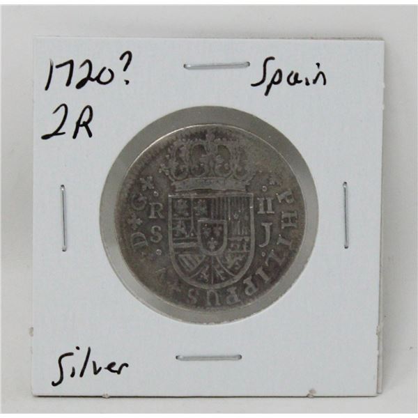 1720? SILVER SPANISH 2 REALES COIN, WORN CIRC.