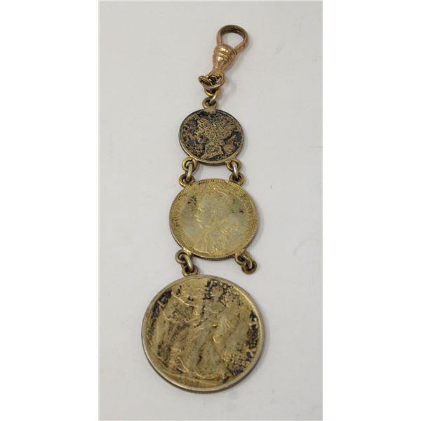 ANTIQUE SILVER GOLD PLATED COIN WATCH FOB