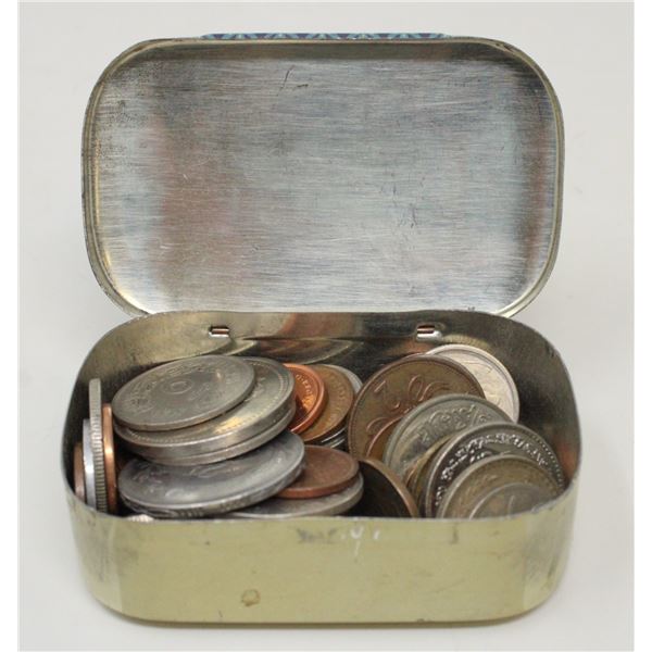 ESTATE TIN BOX OF VARIOUS JEWELRY & COINS ETC.