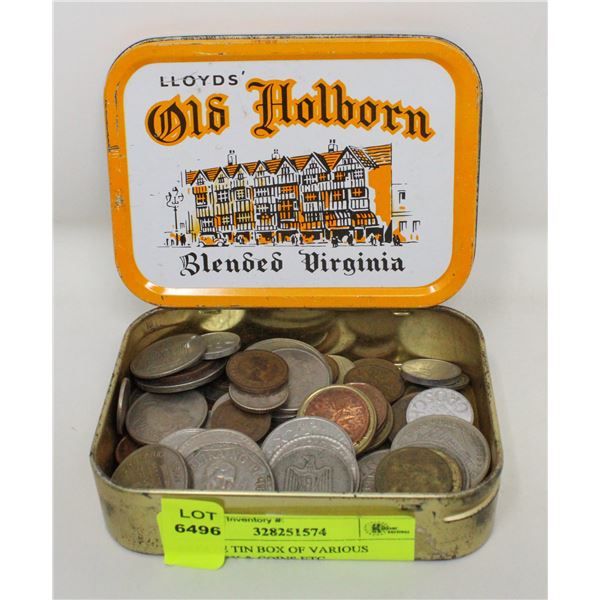 ESTATE TIN BOX OF VARIOUS JEWELRY & COINS ETC.