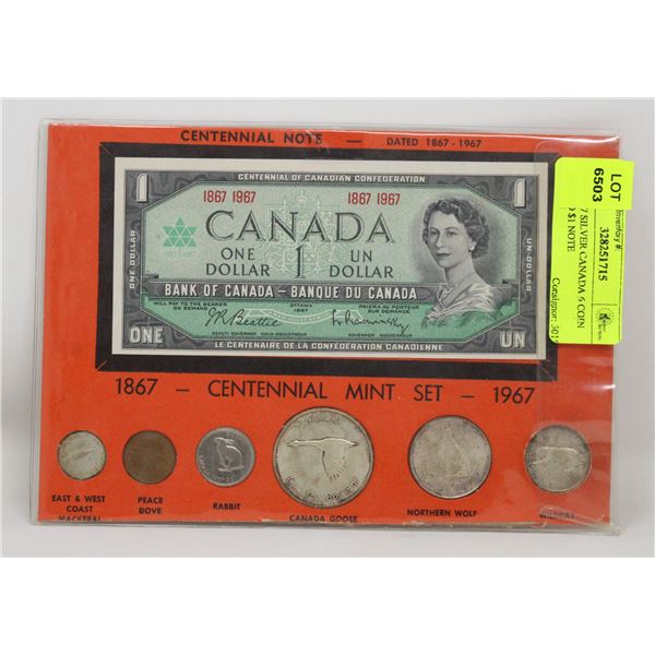 1867-1967 SILVER CANADA 6 COIN SET AND $1 NOTE
