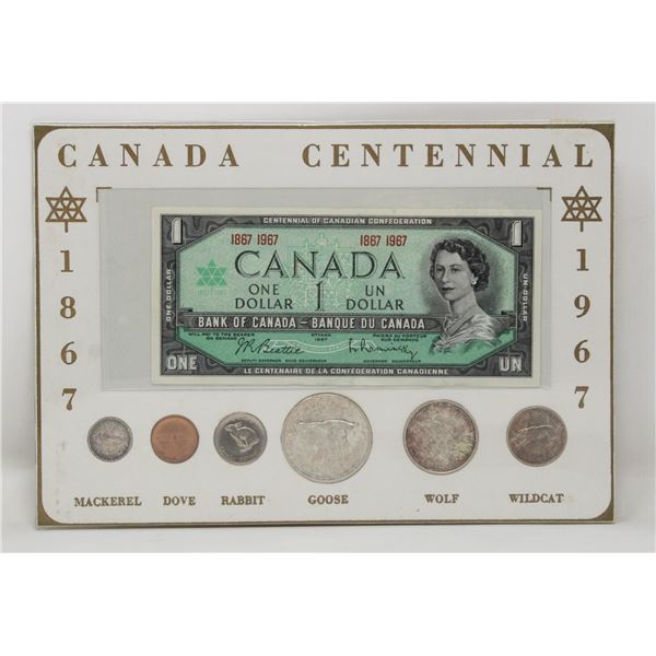 1867-1967 SILVER CANADA 6 COIN SET AND $1 NOTE